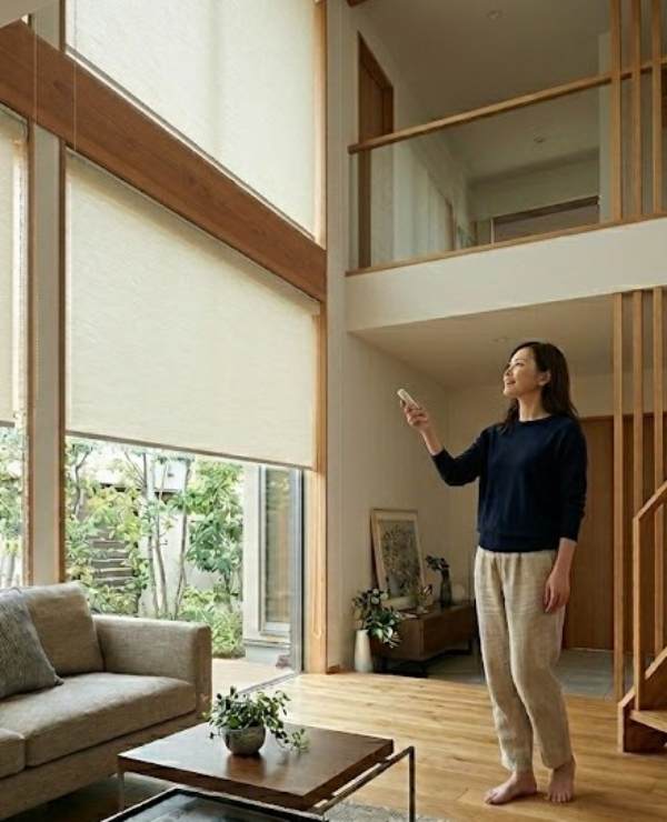 電動ロールスクリーンを操作している女性