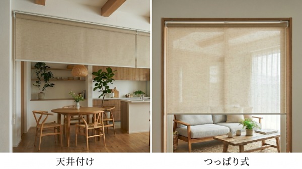 間仕切りに使うロールスクリーンの種類、天井付けとつっぱり式