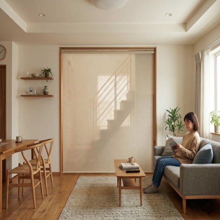 リビング階段にロールスクリーンのつっぱりを使用した北欧テイストのリビング