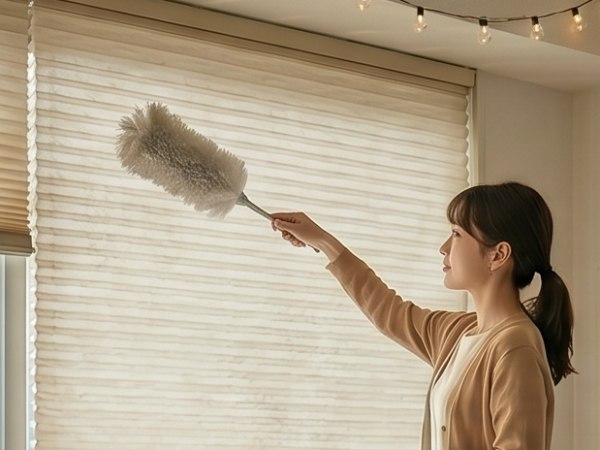 ハニカムスクリーンは洗濯NGなのでモップでお手入れをする女性