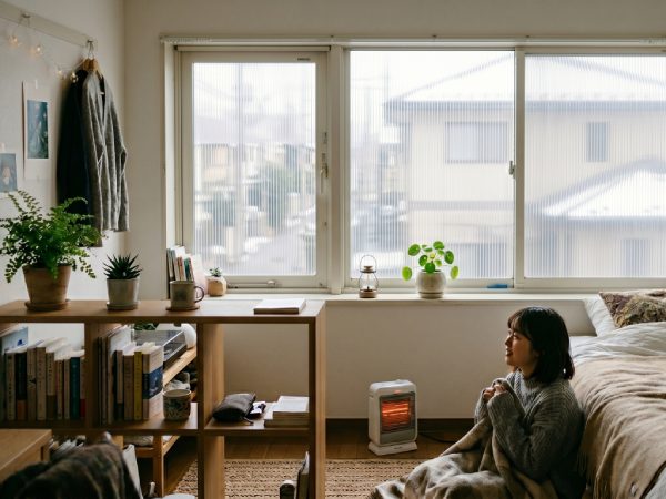 プラダンで窓の冷気対策をしている女性とナチュラルインテリア