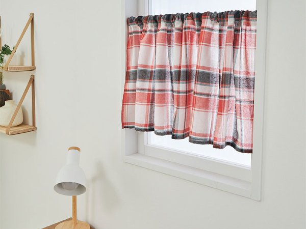 非遮光カフェカーテン『ボムールチェックストライプ　レッドブラック』