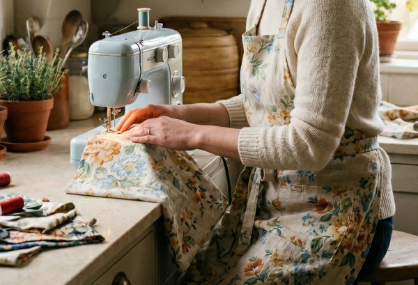 カーテンをリメイクしてエプロンを作る女性