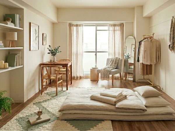 北欧スタイルのお部屋に布団を敷く一人暮らしのお部屋のインテリア