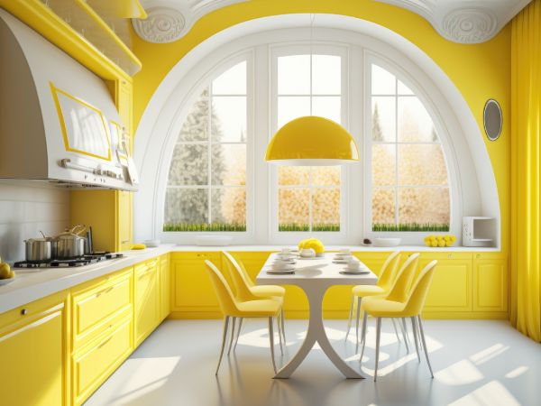 黄色を基調としたキッチンダイニング