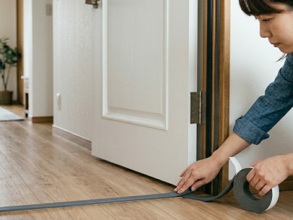 賃貸のドアの隙間の防音対策をしている女性