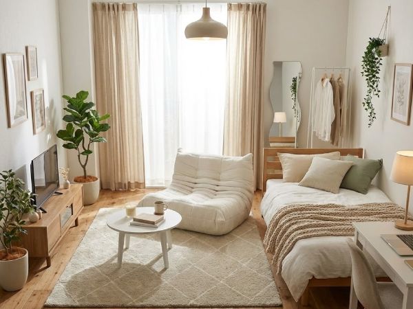 おしゃれなラグが敷かれた韓国風の一人暮らしの部屋