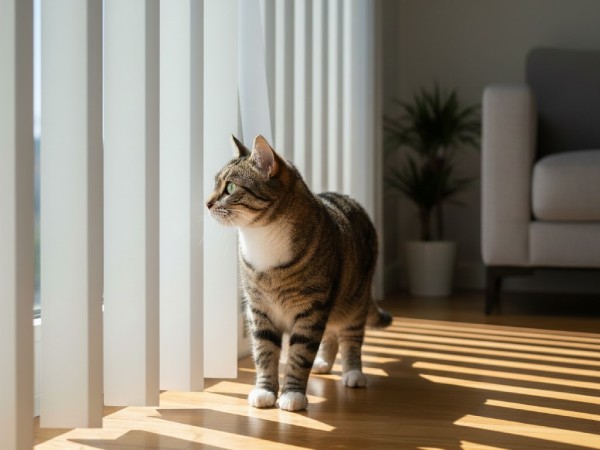 バーチカルブラインドから猫が外を覗いている