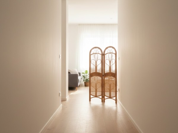 リビングをパーテーションで目隠ししている