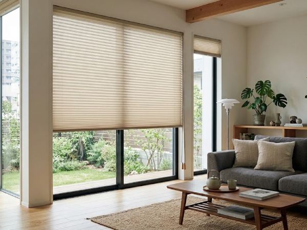 ハニカムスクリーンとロールスクリーンの比較でハニカムスクリーンを使用したリビングルームの画像