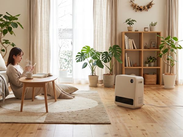 ホットカーペットと併用してファンヒーターを使用するリビングと女性